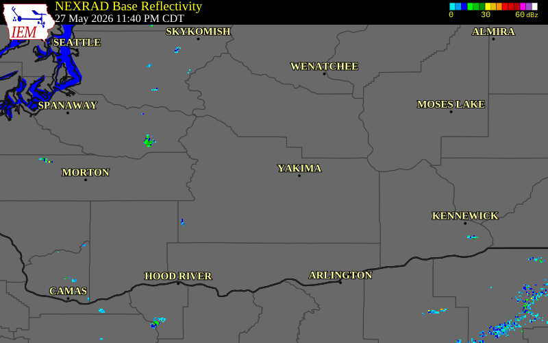 NEXRAD radar during the Wednesday, May 27, 2026 storm activity in Yakima County, Washington