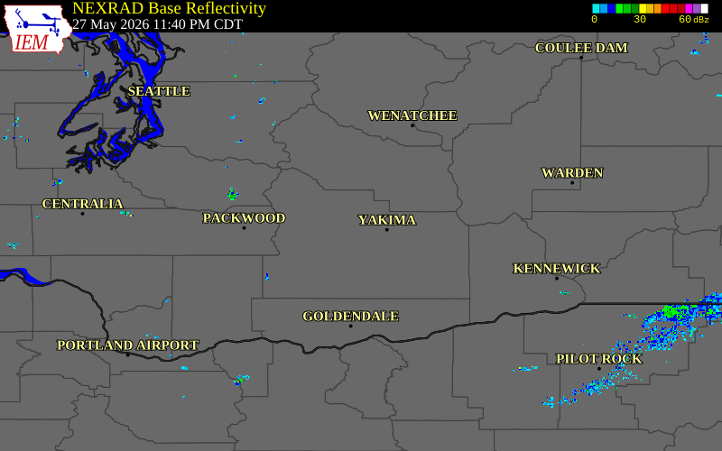 Radar snapshot during the May 27, 2026 wind event near 5 S Tieton, Yakima County, Washington, with NWS warning polygons