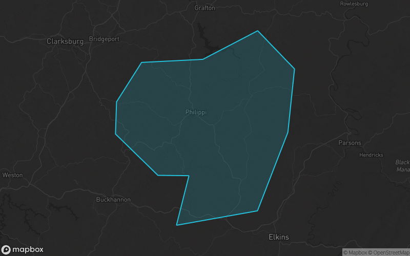 Map of Barbour County, West Virginia showing the county boundary and surrounding cities