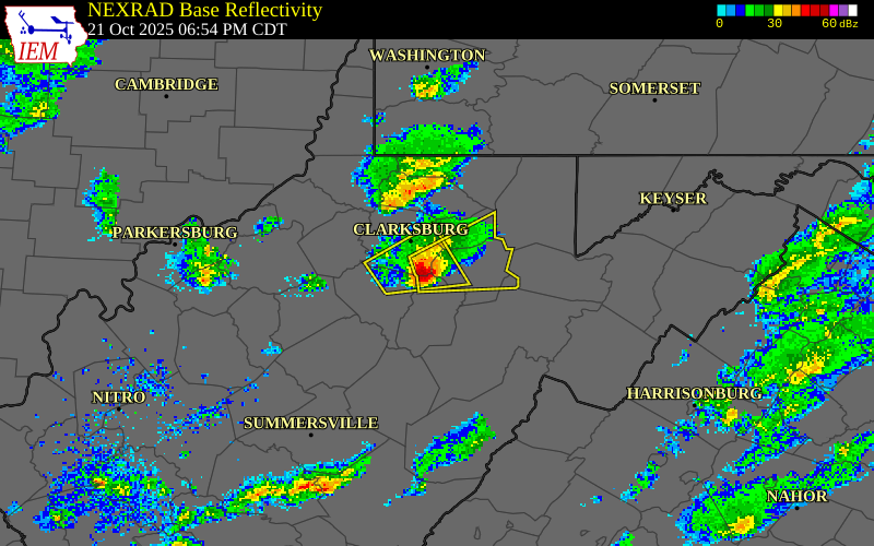 NEXRAD radar during the Tuesday, October 21, 2025 storm activity in Barbour County, West Virginia