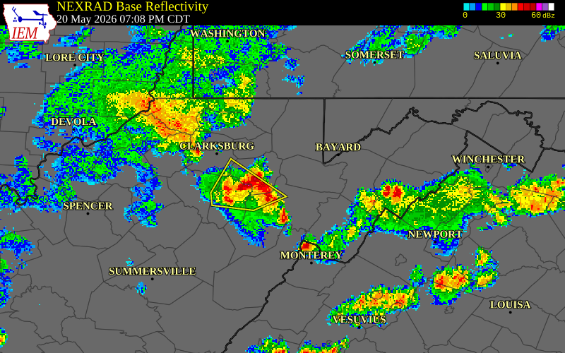 NEXRAD radar during the Wednesday, May 20, 2026 storm activity in Barbour County, West Virginia