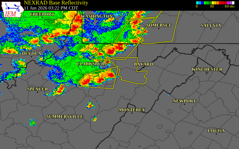 NEXRAD radar during the Thursday, June 11, 2026 storm activity in Barbour County, West Virginia