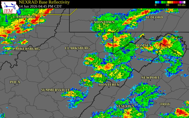 NEXRAD radar during the Sunday, June 14, 2026 storm activity in Barbour County, West Virginia