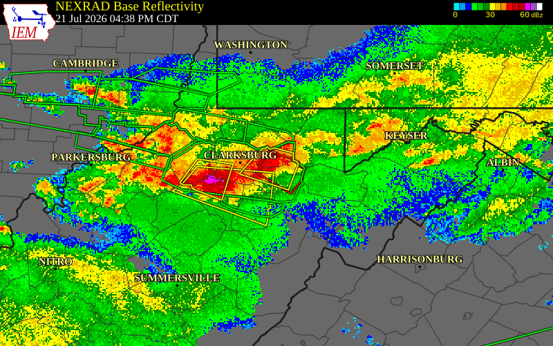 NEXRAD radar during the Tuesday, July 21, 2026 storm activity in Barbour County, West Virginia