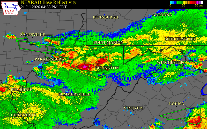 Radar snapshot during the Jul 21, 2026 tornado event near 3 N Philippi, Barbour County, West Virginia, with NWS warning polygons