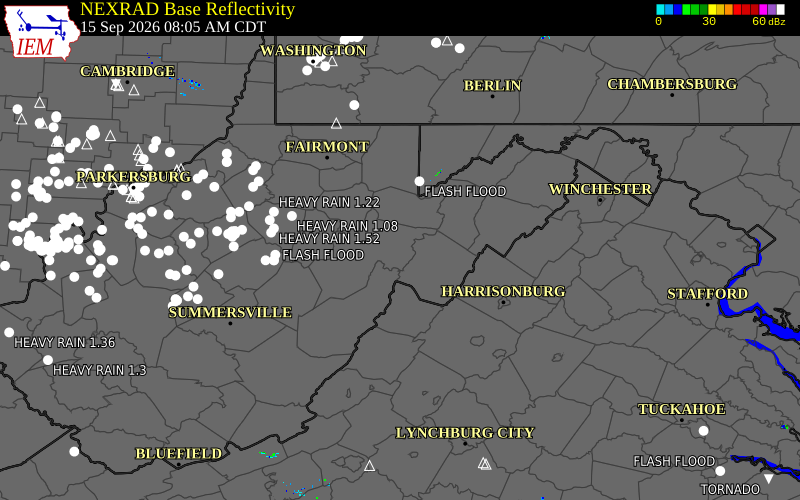 Current NEXRAD radar over Barbour County, West Virginia with recent storm report locations
