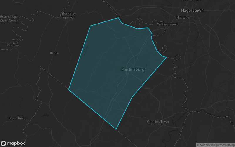 Map of Berkeley County, West Virginia showing the county boundary and surrounding cities