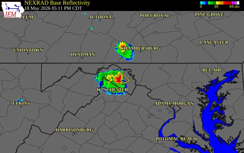 NEXRAD radar during the Monday, May 18, 2026 storm activity in Berkeley County, West Virginia