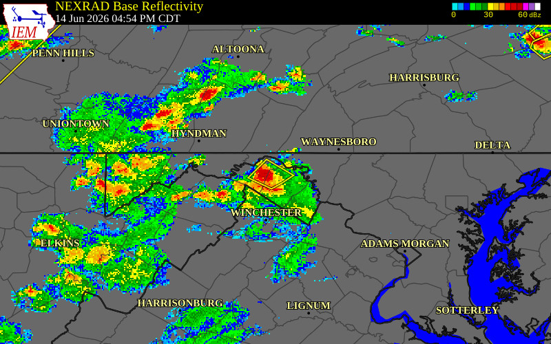 NEXRAD radar during the Sunday, June 14, 2026 storm activity in Berkeley County, West Virginia