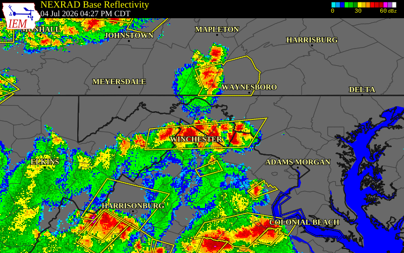 NEXRAD radar during the Saturday, July 4, 2026 storm activity in Berkeley County, West Virginia