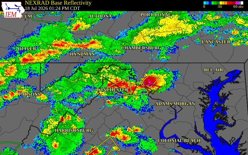 NEXRAD radar during the Saturday, July 18, 2026 storm activity in Berkeley County, West Virginia