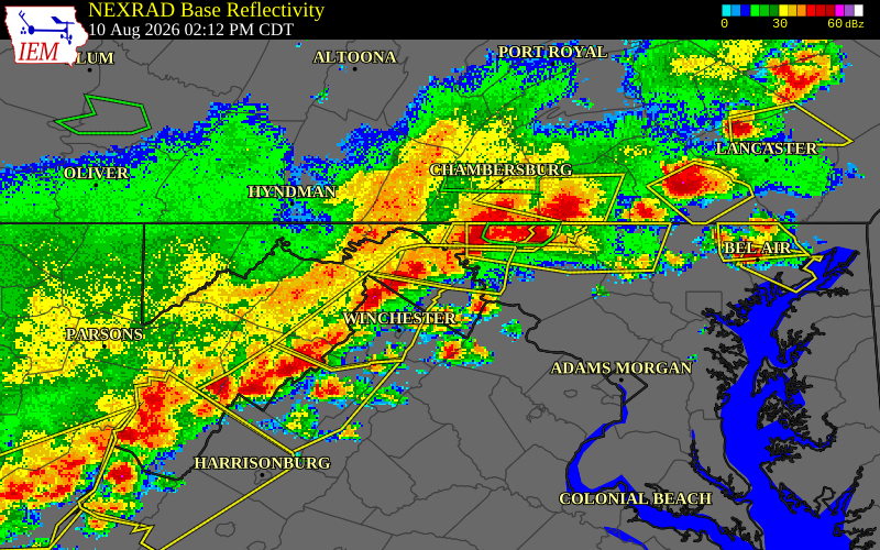 NEXRAD radar during the Monday, August 10, 2026 storm activity in Berkeley County, West Virginia