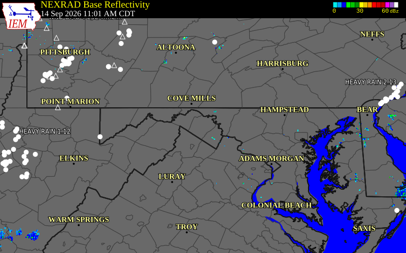 Current NEXRAD radar over Berkeley County, West Virginia with recent storm report locations