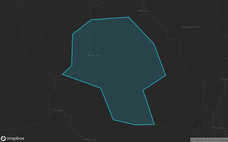 Map of Boone County, West Virginia showing the county boundary and surrounding cities