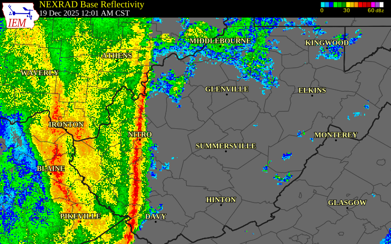 NEXRAD radar during the Friday, December 19, 2025 storm activity in Boone County, West Virginia