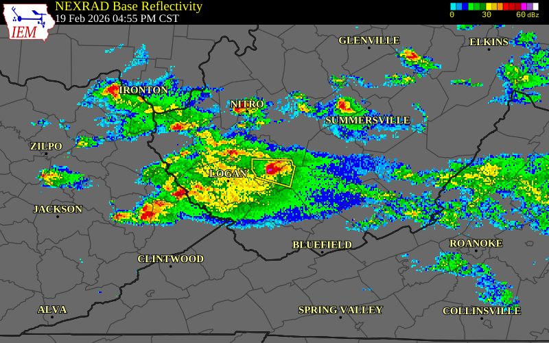 NEXRAD radar during the Thursday, February 19, 2026 storm activity in Boone County, West Virginia