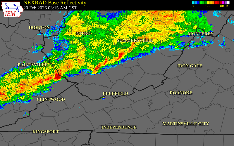 NEXRAD radar during the Friday, February 20, 2026 storm activity in Boone County, West Virginia