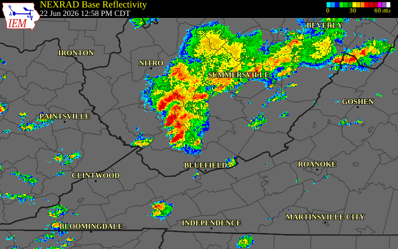 NEXRAD radar during the Monday, June 22, 2026 storm activity in Boone County, West Virginia