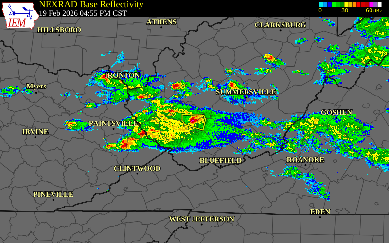 Radar snapshot during the Feb 19, 2026 hail event near 5 SW Whitesville, Boone County, West Virginia, with NWS warning polygons