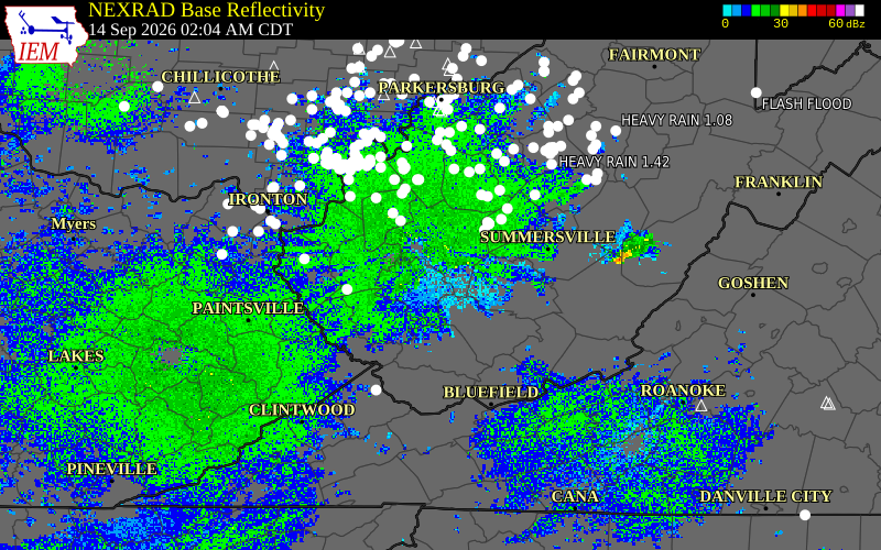 Current NEXRAD radar over Boone County, West Virginia with recent storm report locations