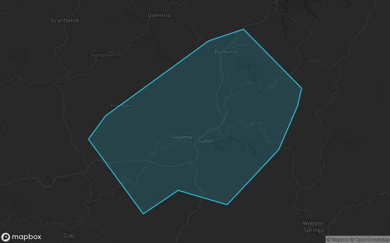 Map of Braxton County, West Virginia showing the county boundary and surrounding cities