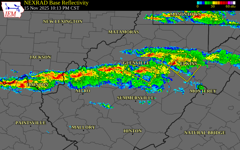 NEXRAD radar during the Saturday, November 15, 2025 storm activity in Braxton County, West Virginia