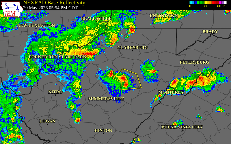 NEXRAD radar during the Wednesday, May 20, 2026 storm activity in Braxton County, West Virginia