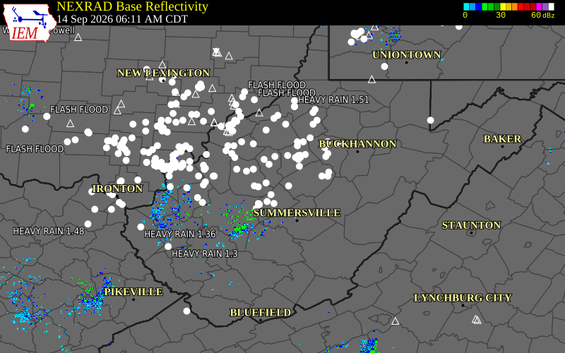 Current NEXRAD radar over Braxton County, West Virginia with recent storm report locations