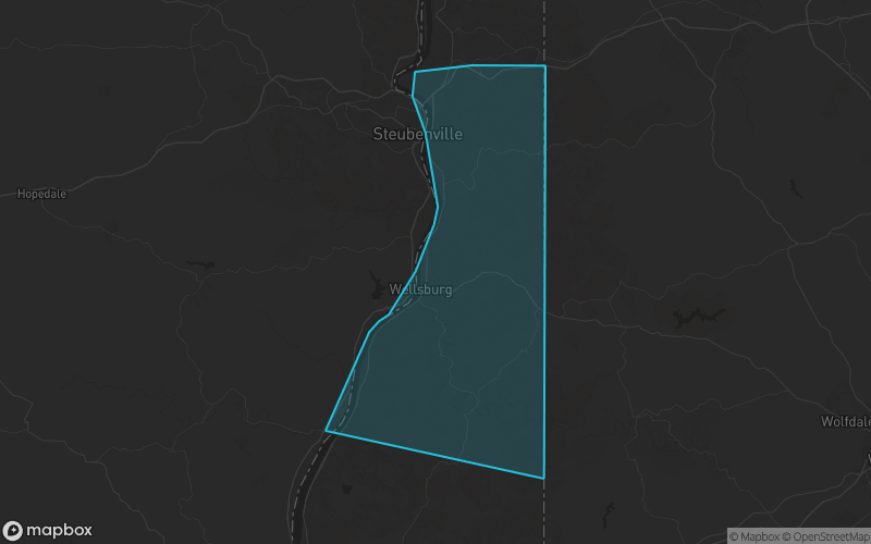 Map of Brooke County, West Virginia showing the county boundary and surrounding cities
