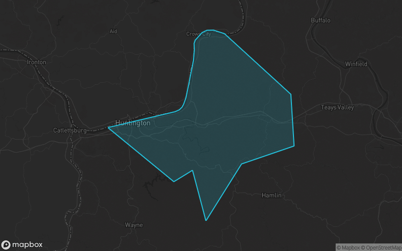 Map of Cabell County, West Virginia showing the county boundary and surrounding cities