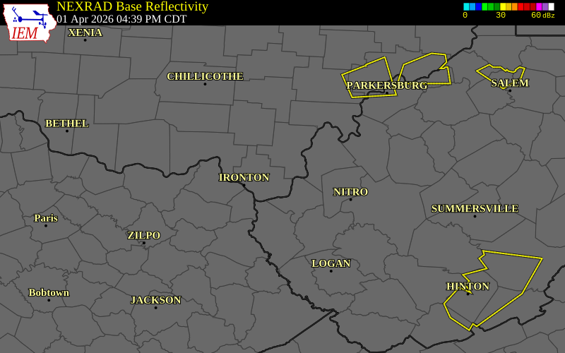 NEXRAD radar during the Wednesday, April 1, 2026 storm activity in Cabell County, West Virginia