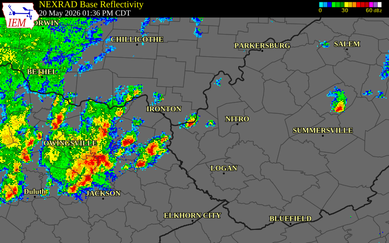 NEXRAD radar during the Wednesday, May 20, 2026 storm activity in Cabell County, West Virginia