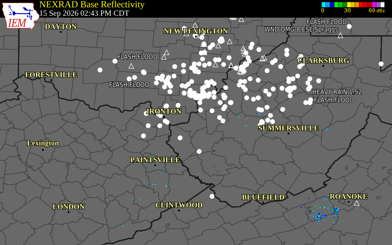 Current NEXRAD radar over Cabell County, West Virginia with recent storm report locations