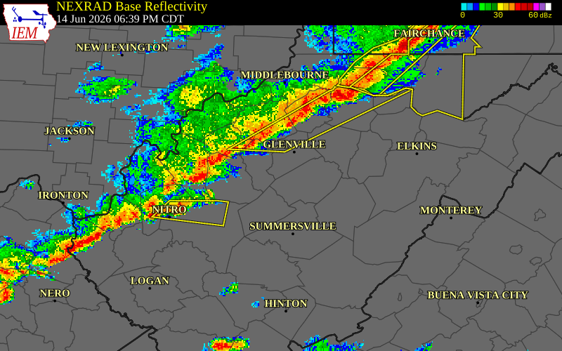 NEXRAD radar during the Sunday, June 14, 2026 storm activity in Calhoun County, West Virginia