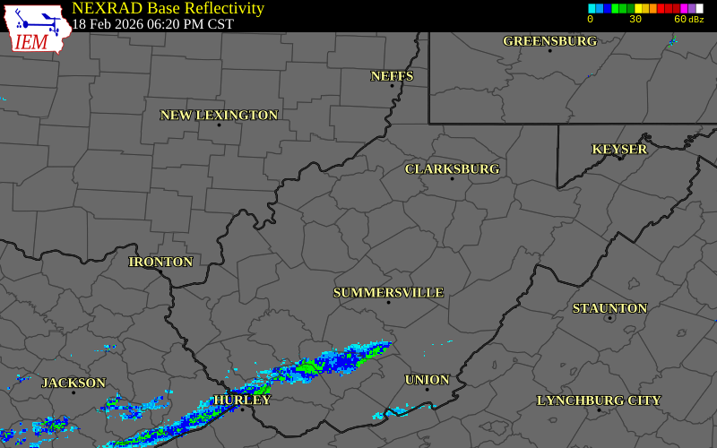 Radar snapshot during the Feb 18, 2026 hail event near Grantsville, Calhoun County, West Virginia, with NWS warning polygons