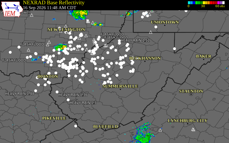 Current NEXRAD radar over Calhoun County, West Virginia with recent storm report locations