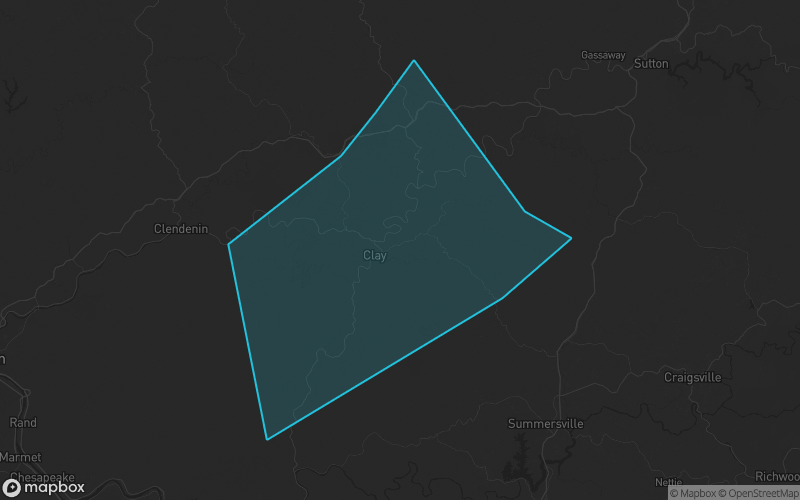 Map of Clay County, West Virginia showing the county boundary and surrounding cities