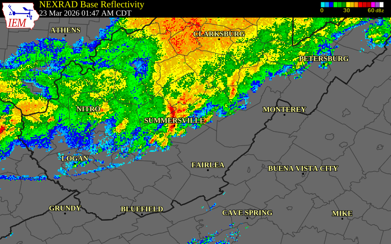 NEXRAD radar during the Monday, March 23, 2026 storm activity in Clay County, West Virginia
