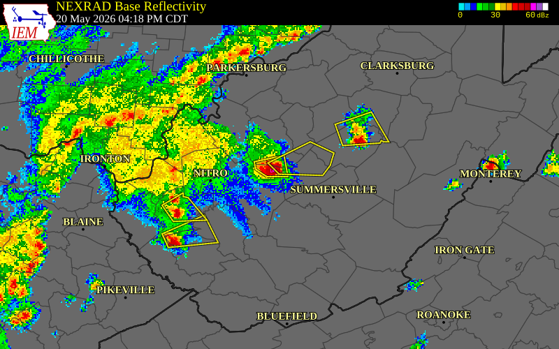NEXRAD radar during the Wednesday, May 20, 2026 storm activity in Clay County, West Virginia