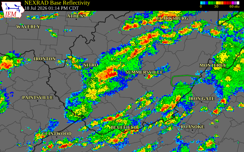 NEXRAD radar during the Saturday, July 18, 2026 storm activity in Clay County, West Virginia