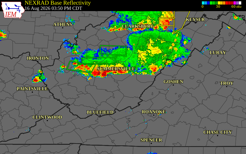 Radar snapshot during the Aug 11, 2026 wind event near Clay County, Clay County, West Virginia, with NWS warning polygons