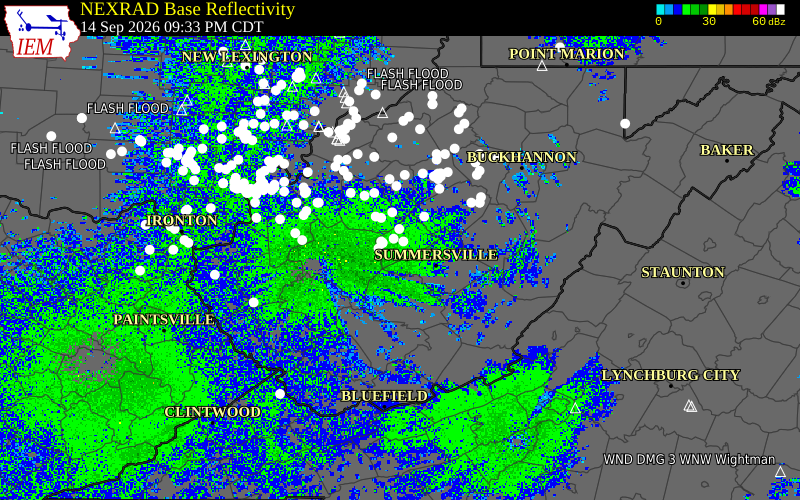 Current NEXRAD radar over Clay County, West Virginia with recent storm report locations