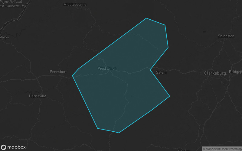 Map of Doddridge County, West Virginia showing the county boundary and surrounding cities