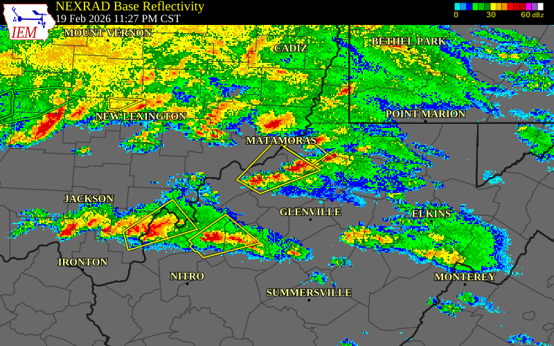 NEXRAD radar during the Friday, February 20, 2026 storm activity in Doddridge County, West Virginia