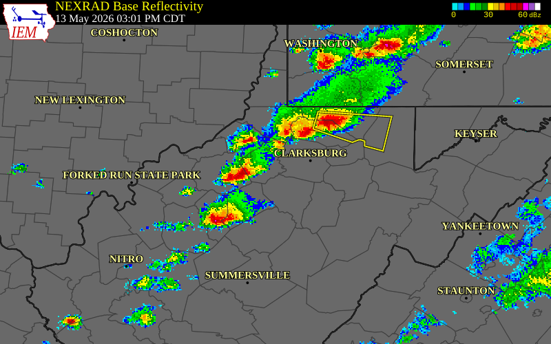 NEXRAD radar during the Wednesday, May 13, 2026 storm activity in Doddridge County, West Virginia
