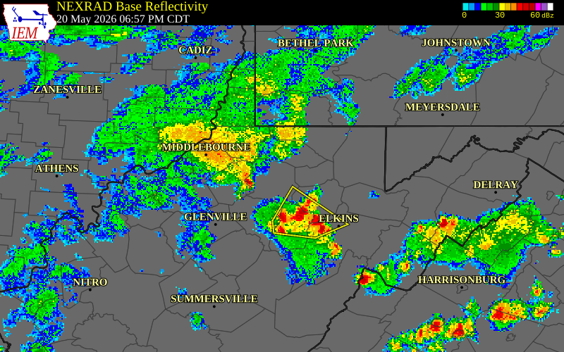 NEXRAD radar during the Wednesday, May 20, 2026 storm activity in Doddridge County, West Virginia