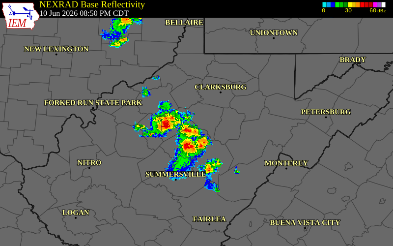 NEXRAD radar during the Wednesday, June 10, 2026 storm activity in Doddridge County, West Virginia