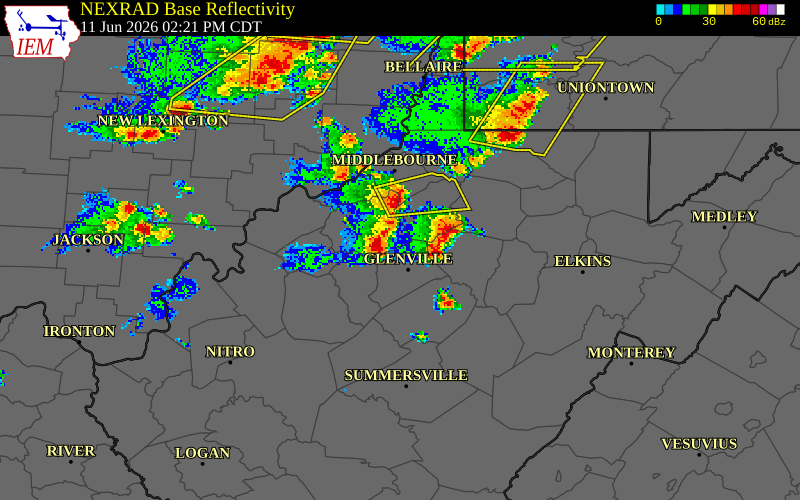 NEXRAD radar during the Thursday, June 11, 2026 storm activity in Doddridge County, West Virginia