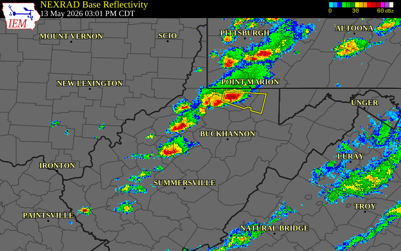 Radar snapshot during the May 13, 2026 wind event near Doddridge County, Doddridge County, West Virginia, with NWS warning polygons