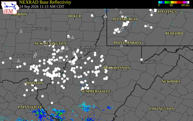 Current NEXRAD radar over Doddridge County, West Virginia with recent storm report locations